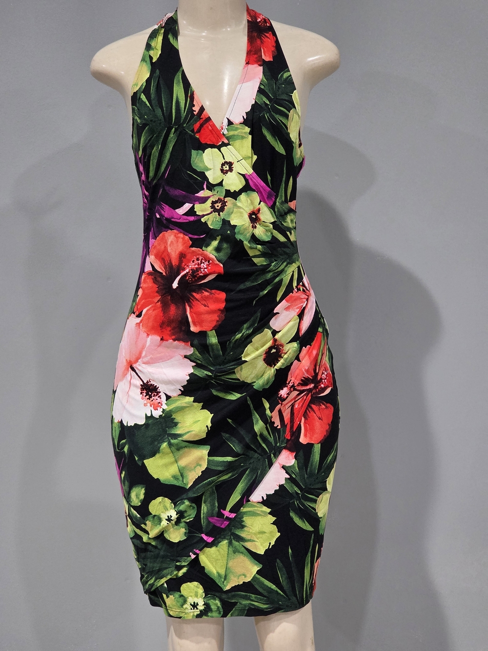 Y2k Cache Black Tropical Floral Halter Dress